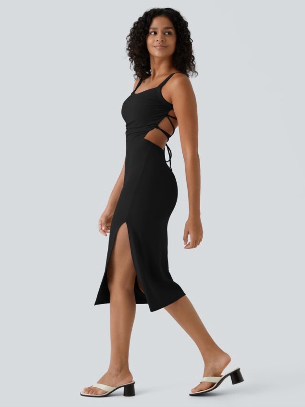 HALARA SoftlyZero Size M Ruched Lace Up Bodycon Midi Casual Dress Black Backless
